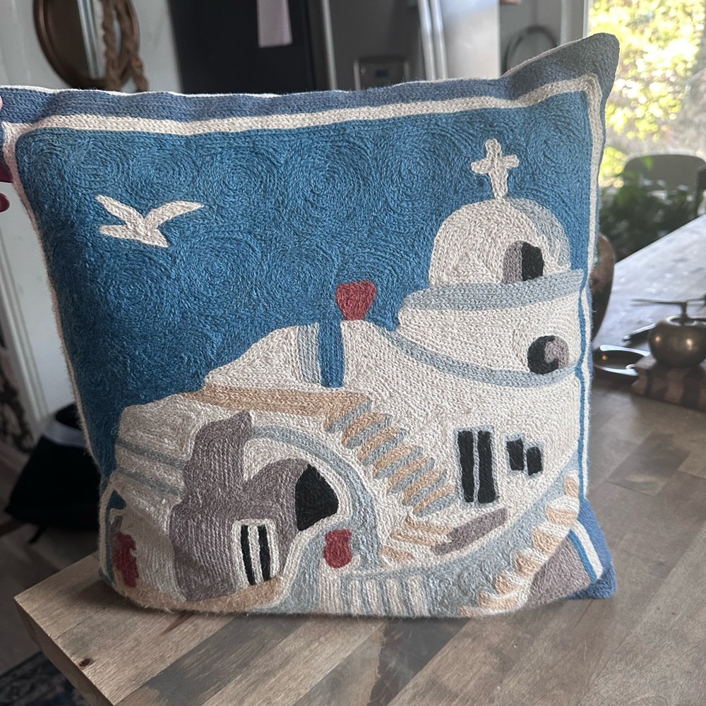 Vintage Greek blue white needlepoint pillow